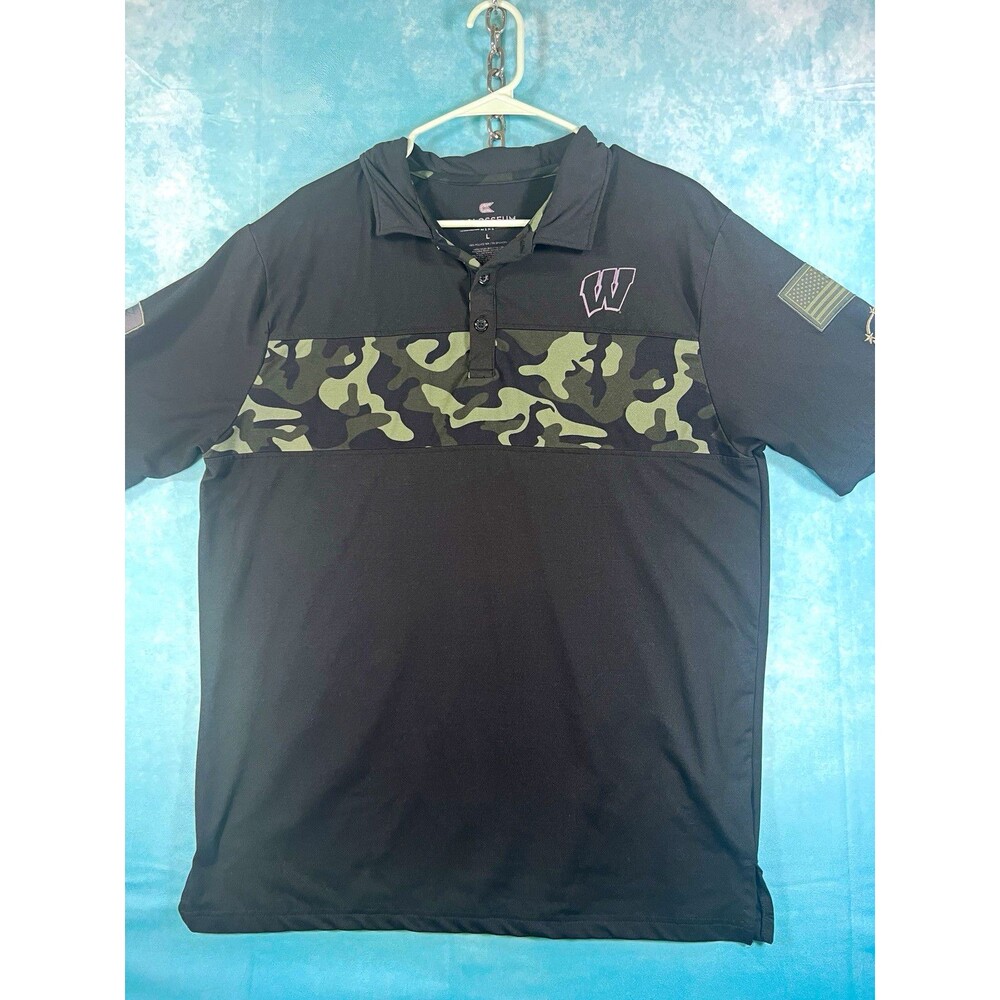 Colosseum Men’s L Black/Green Camo Preformance Golf Tennis Logo Polo Shirt
